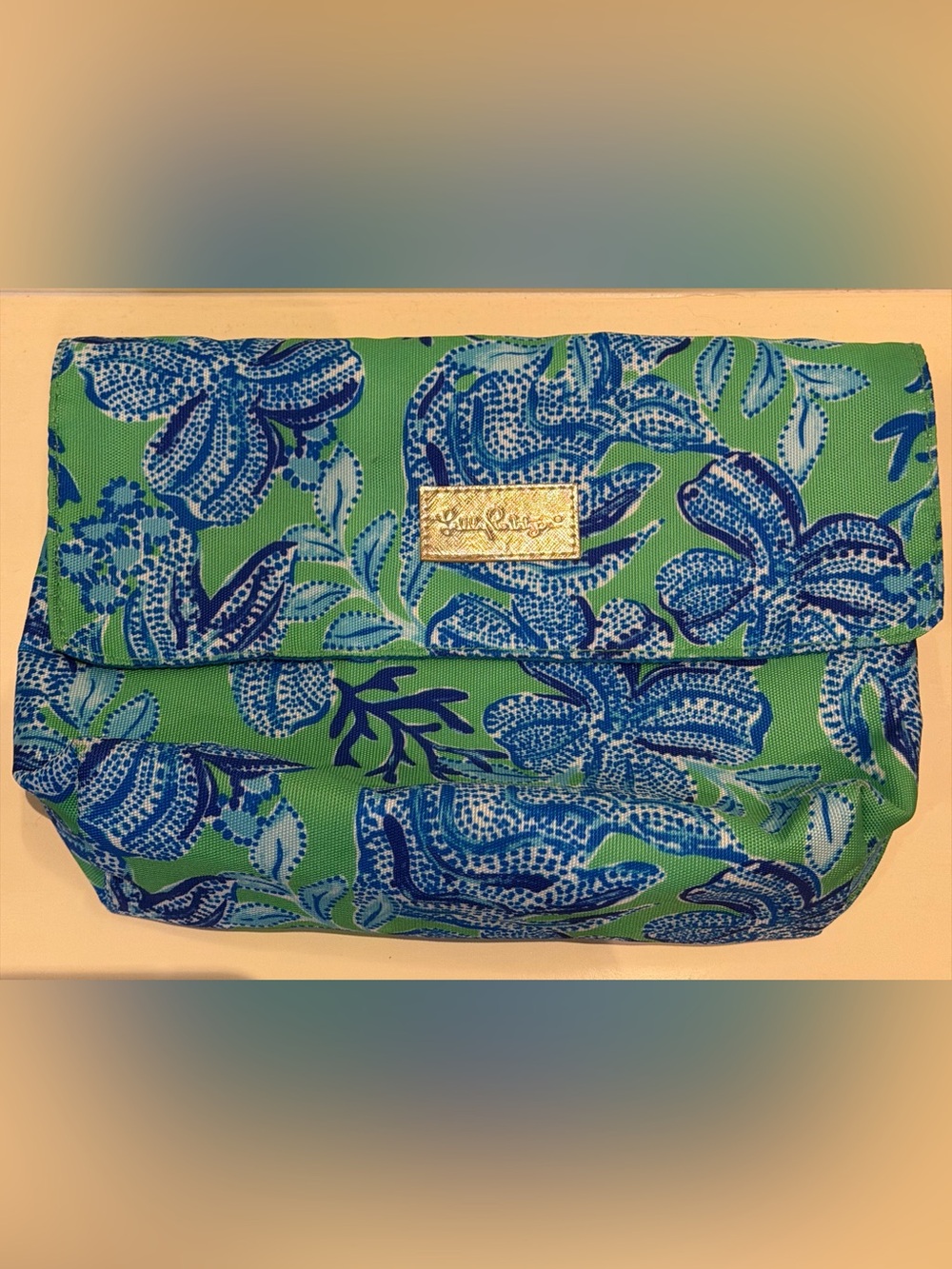 Lilly Pulitzer Green and Blue pouch with Gold Plaque
